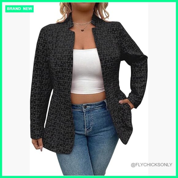 Jackets & Blazers - Plus Size Jacquard Long Sleeve Open Front Blazer Jacket Notch Collar